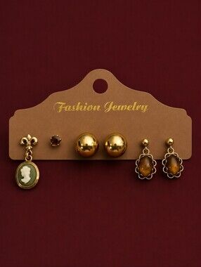 Vintage Dainty Two Pair Two Single Tiger Eye Victorian Cameo Post Earring Set
